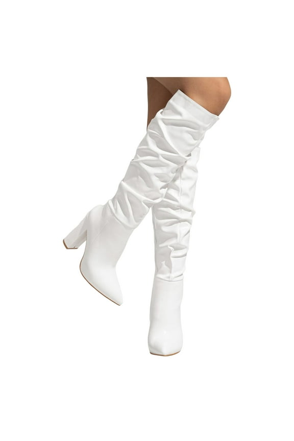 Women's Knee High Boots Slouchy Chunky Heeled Wide Calf Tall Boot Pointed Toe Side Zipper Dress Pumps