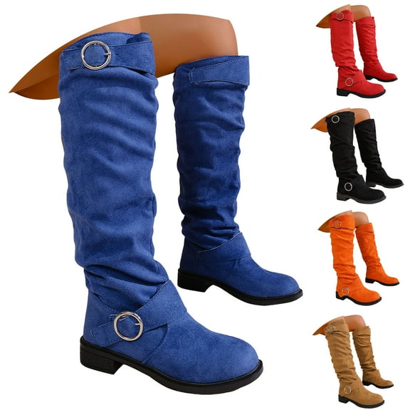 Dakaela Women's Knee High Boots Suede Buckles Slouchy Flat Fall Boots Comfortable Low Heel Motorcycle Riding Shoes Black 5.5