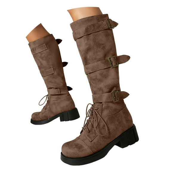 Dakaela Women's Knee High Boots Wide Calf Buckle Riding Boot Square Toe Lace up Chunky Low Heel Booties
