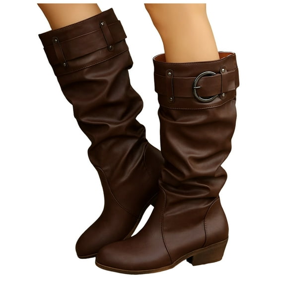 Dakaela Women's Knee High Boots Wide Calf Slouchy Western Boots Buckle Chunky Heel Cowboy Riding Tall Boot Brown 8.5