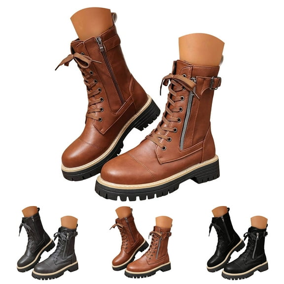 Dakaela Women's Lace up Combat Boots Platform Chunky Low Heel Lug Sole Ankle Booties Leather Buckle Fall Winter Dress Shoes Black 8.5