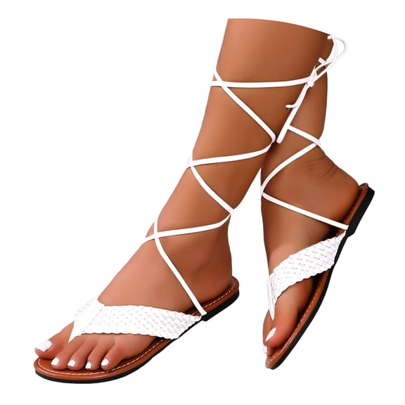 Dakaela Women's Lace up Gladiator Sandals Braided Strappy Flat Shoes Open Toe Summer Beach Flip Flops