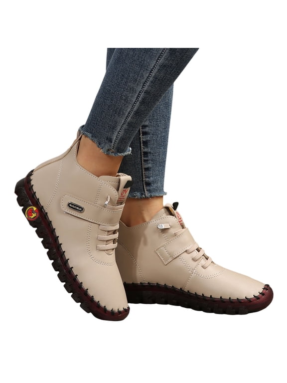 Women's Leather Ankle Boots with Arch Support Comfortable Hand-Stitched Soft Sole Slip On Chukka Booties High Top Sneakers with Hook and Loop Size 6-9