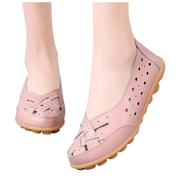 Dakaela Women's Leather Flats Shoes Casual Slip on Walking Driving Loafers Cutout Sneakers Pink 7.5