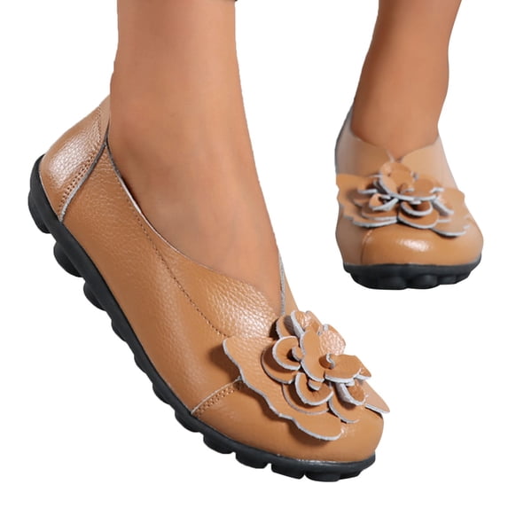 Dakaela Women's Leather Slip on Loafers Vintage Slip on Driving Flats Dress Walking Flower Shoes Brown 8.5