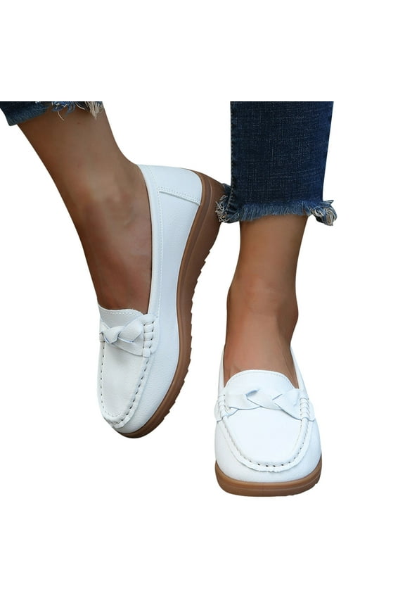 Women's Leather Penny Loafers Casual Slip-ons Lightweight Walking Flats Driving Boat Shoes White 7