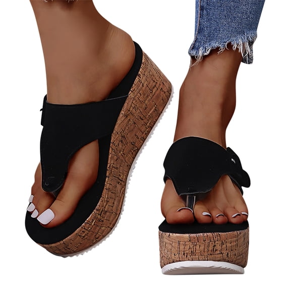 Dakaela Women's Leather Platform Flip Flops Clip Toe Walking Wedge Sandals Summer Casual Shoes Size 6-9