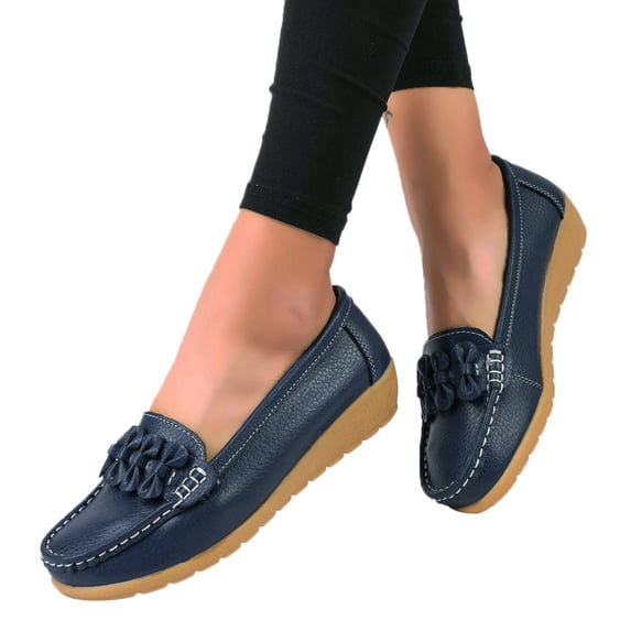 Dakaela Women's Leather Platform Loafers Classic Casual Comfort Slip on Shoes Soft Dress Walking Flats