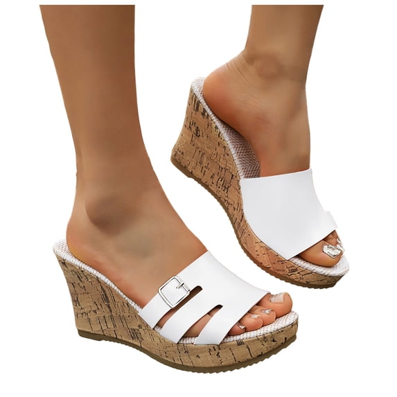 Dakaela Women's Leather Wedge Sandals 3.54 Inch Cutout Platform Dressy Summer Shoes Comfortable Ladies Cork Wedges High Heels White Size 9