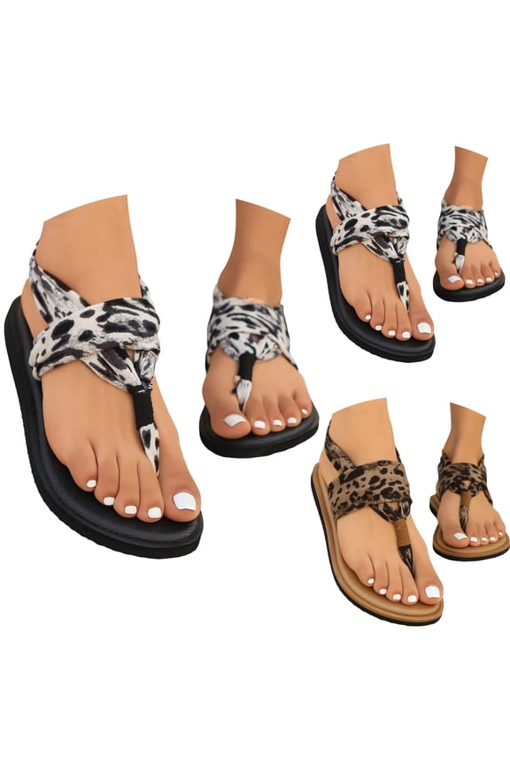Women's Leopard Flat Sandals Yoga Mat Footbed Slingback Thong Flip Flops Open Toe Summer Wedding Dressy Slide Walking Shoes Size 6-9 Black