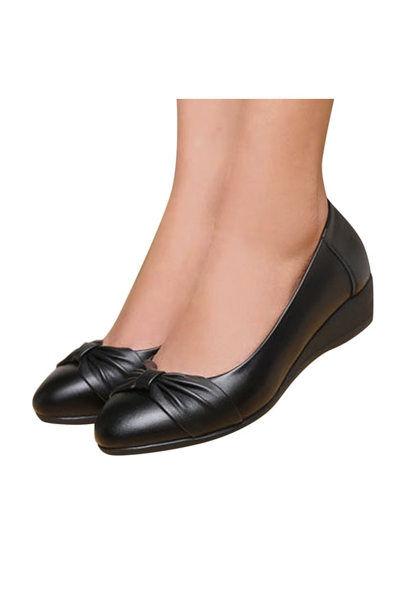Women's Low Wedge Dress Pump Round Toe Slip on Loafer Flats Wedding Party Leather Shoes Black 7