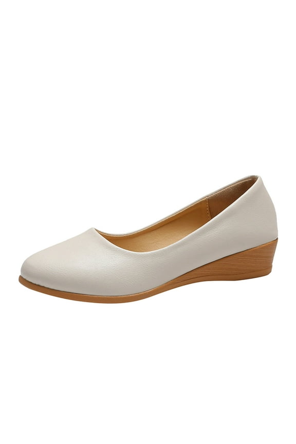 Women's Low Wedges Heels Closed Round Toe Pumps Comfortable Slip on Dress Work Shoes Beige 7.5