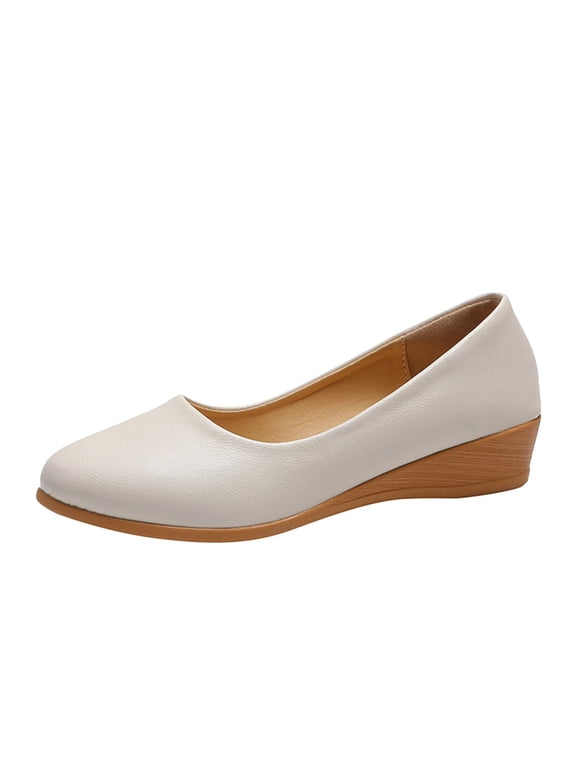 Women's Low Wedges Heels Closed Round Toe Pumps Comfortable Slip on Dress Work Shoes Beige 7