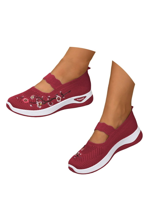 Women's Mary Jane Walking Shoes Flower Embroidered Slip on Knit Dressy Flat Loafers Breathable Orthopedic Arch Support Casual Sneakers Red 6