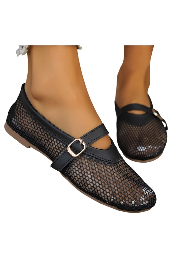 Women's Mesh Ballet Flats Fishnet Mary Jane Dressy Shoes Causal Work Slip on Loafers Black 9