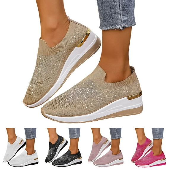 Dakaela Women's Mesh Slip on Wedge Walking Shoes Rhinestone Glitter Ballroom Jazz Latin Dance Fashion Sock Sneakers Black 10