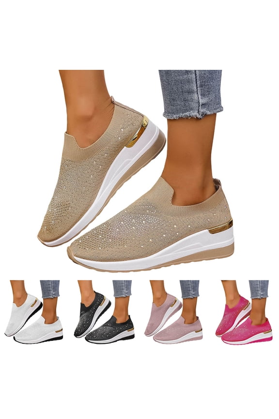 Women's Mesh Slip on Wedge Walking Shoes Rhinestone Glitter Ballroom Jazz Latin Dance Fashion Sock Sneakers Black 6.5