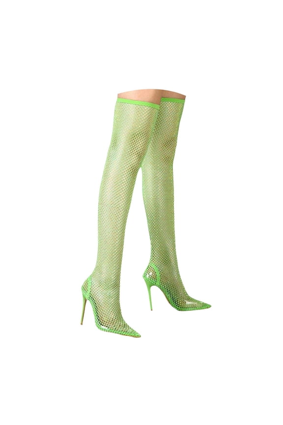 Women's Mesh Thigh High Boots Pointed Toe Sparkly Stilettos High Heels Over The Knee Boot