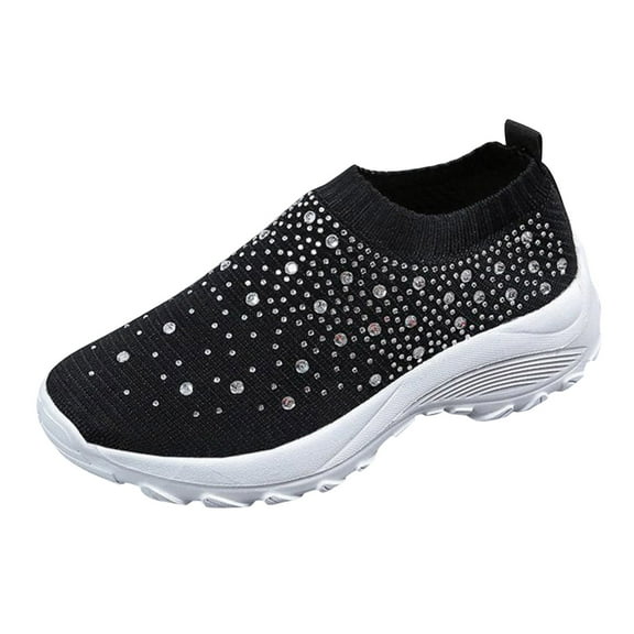 Dakaela Women's Mesh Walking Shoes Rhinestone Glitter Slip on Arch Support Running Sock Sneakers Black 7.5