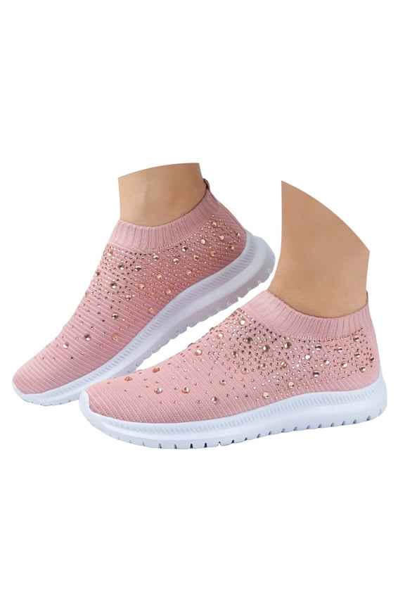 Women's Mesh Walking Shoes Rhinestone Glitter Slip on Jazz Latin Dance Sock Sneakers Pink 5.5