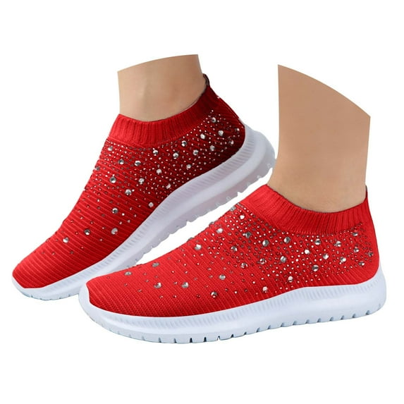 Dakaela Women's Mesh Walking Shoes Rhinestone Glitter Slip on Jazz Latin Dance Sock Sneakers Red 9.5