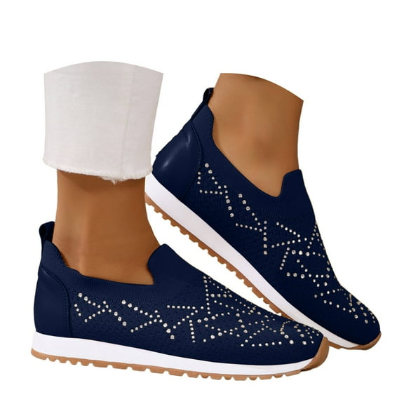 Dakaela Women's Mesh Walking Shoes Rhinestone Glitter Slip on Sock Sneakers Running Tennis Shoes Navy 8.5