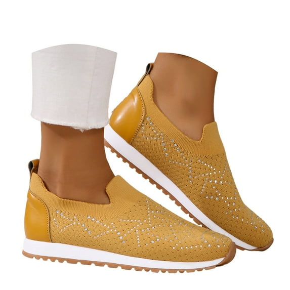 Dakaela Women's Mesh Walking Shoes Rhinestone Glitter Slip on Sock Sneakers Running Tennis Shoes Yellow 9.5