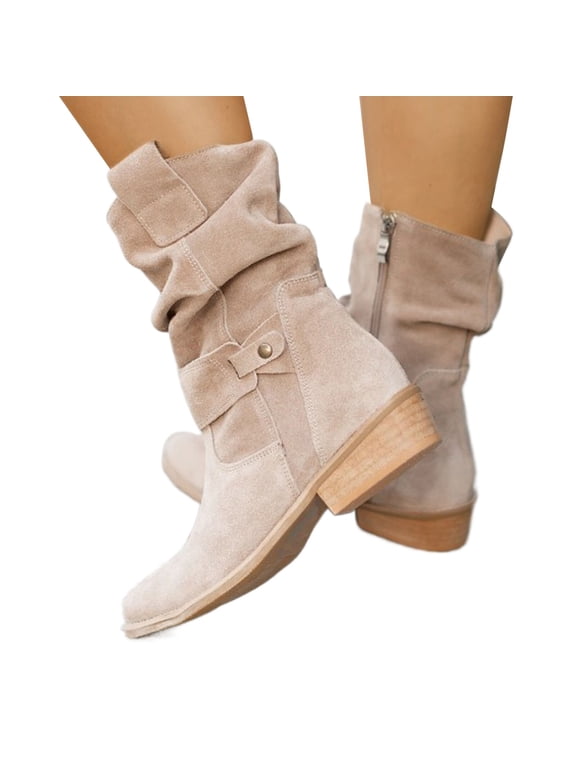 Women's Mid Calf Boots Extra Wide Slouchy Round Toe Flat Low Heel Riding Boot Side Zip Boho Western Cowboy Booties for Fall Winter Size 6-9