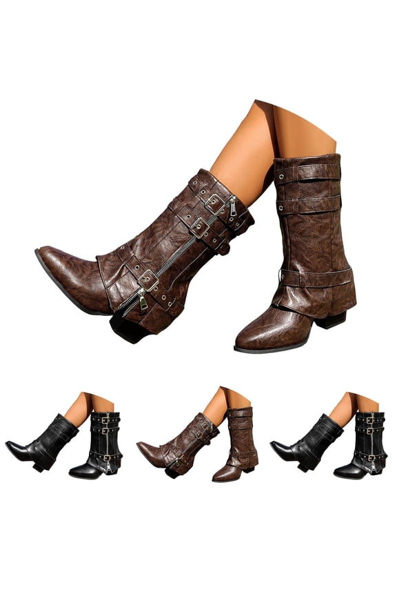 Women's Mid Calf Boots Fold Over Buckle Moto Biker Boot Pointed Toe Chunky Heel Slouchy Western Booties Black 9