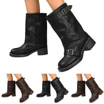 Dakaela Women's Mid Calf Boots Fold Over Buckle Motorcycle Riding Boot Wide Calf Steel Toe Western Cowboy Booties Black 6.5