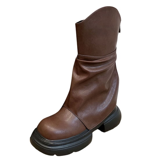 Dakaela Women's Mid Calf Boots Retro Round Toe Motorcycle Riding Booties Slouch Casual Dress Shoes