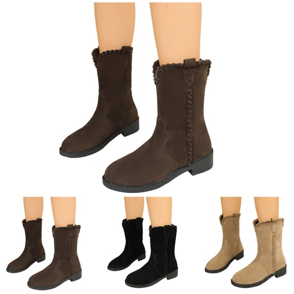 Dakaela Women's Mid Calf Boots Retro Suede Western Riding Ankle Booties Low Heel Ladies Dress Work Winter Shoes Black 8.5