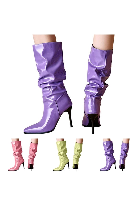 Women's Mid Calf Boots Stiletto High Heel Slouchy Ankle Booties Pointed Toe Dress Pumps Green 6