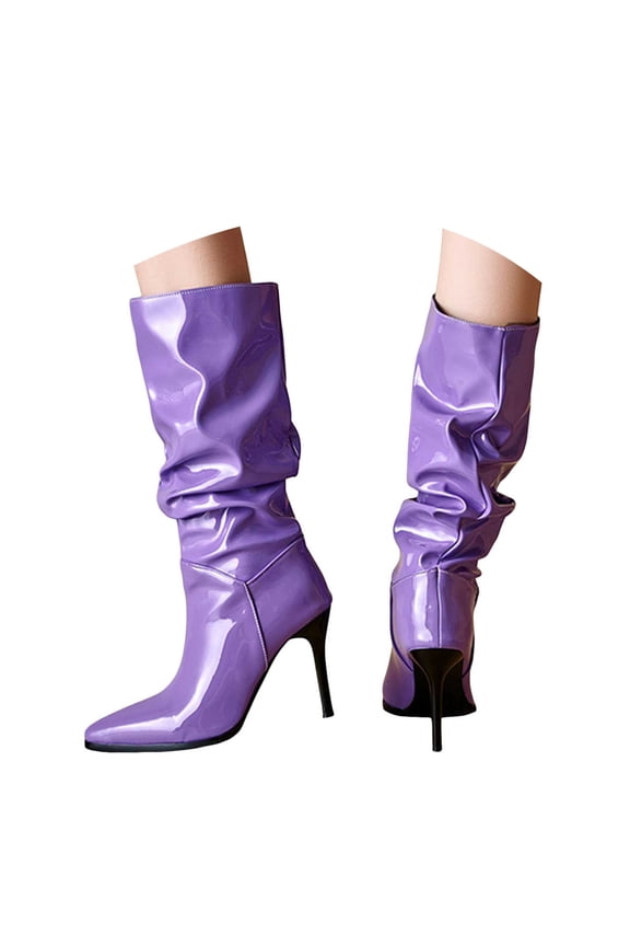 Women's Mid Calf Boots Stiletto High Heel Slouchy Ankle Booties Pointed Toe Dress Pumps Purple 7.5