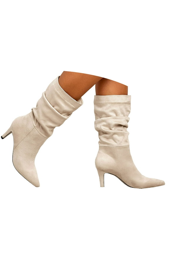 Women's Mid Calf Boots Suede Kitten Heel Slouch Ankle Booties Pointed Toe Pull on Long Boot