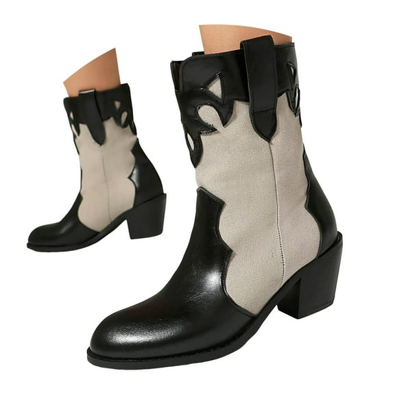 Dakaela Women's Mid Calf Boots Western Cowboy Cowgirl Booties Classic Motorcycle Riding Slip on Shoes