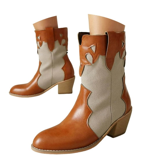Dakaela Women's Mid Calf Boots Western Cowboy Cowgirl Booties Classic Motorcycle Riding Slip on Shoes