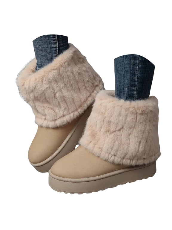 Women's Mid Calf Snow Boots Round Toe Suede Platform Slip on Booties Fleece Lined Winter Mini Boot