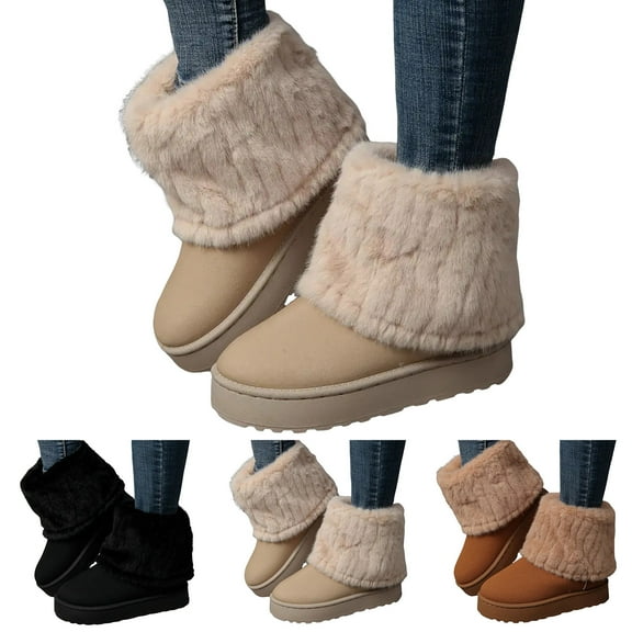 Dakaela Women's Mid Calf Snow Boots Round Toe Suede Platform Slip on Booties Fleece Lined Winter Mini Boot