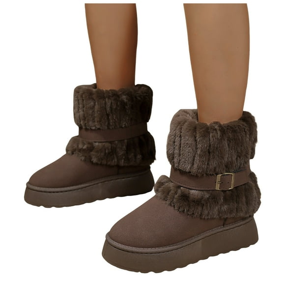 Dakaela Women's Mid Calf Snow Boots Round Toe Suede Warm Platform Winter Booties Comfort Fashion Outdoor Non Slip Plush Shoes Coffee 6.5