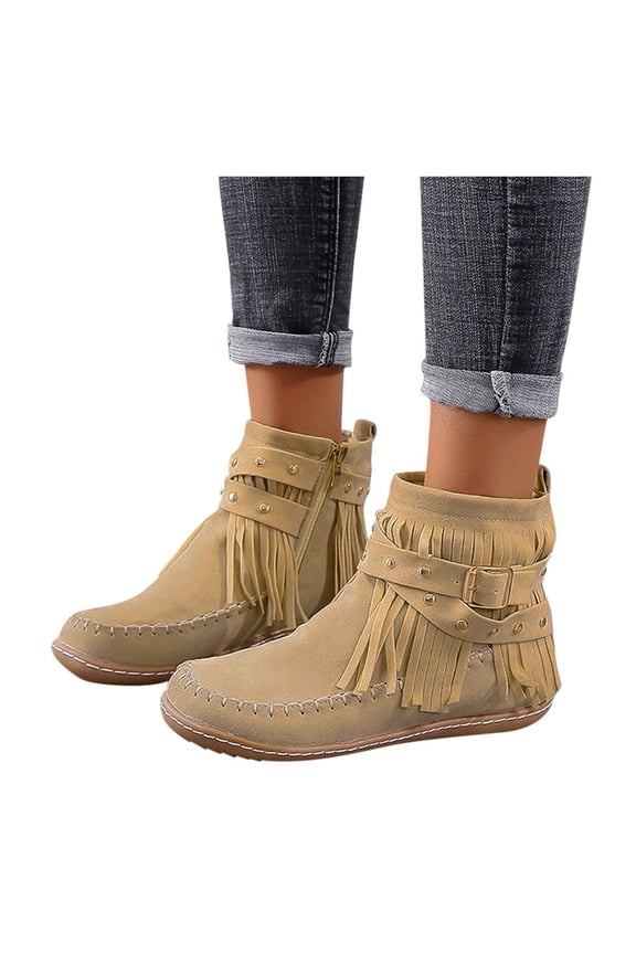 Women's Moccasins Fringe Ankle Boots Retro Suede Tassel Studded Booties Riding Flat Dress Shoes