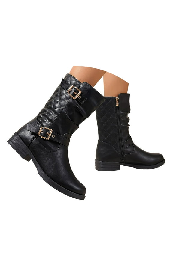 Women's Motorcycle Mid Calf Boots Round Toe Buckle Short Riding Combat Fall Booties for Women