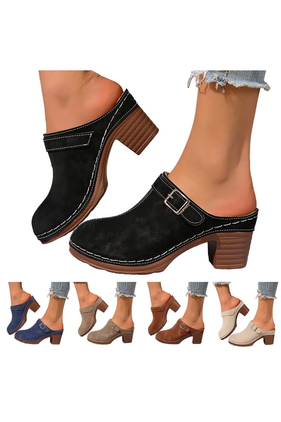 Women's Mules Shoes Backless Slip on Chunky Stacked Heeled Sandals Closed Toe Suede Walking Platform Clogs Size 6-10 Beige