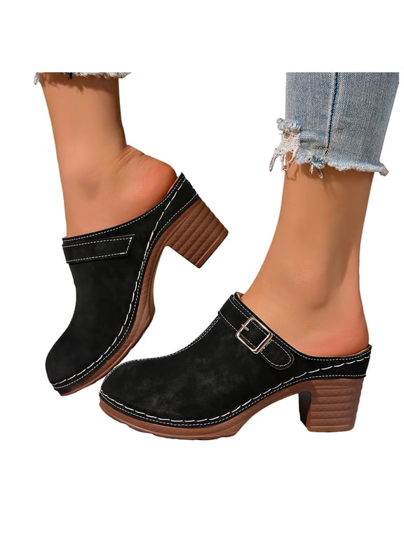 Women's Mules Shoes Backless Slip on Chunky Stacked Heeled Sandals Closed Toe Suede Walking Platform Clogs Size 6-10 Black