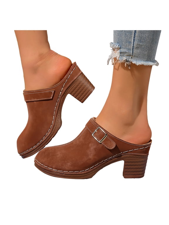 Women's Mules Shoes Backless Slip on Chunky Stacked Heeled Sandals Closed Toe Suede Walking Platform Clogs Size 6-10 Brown