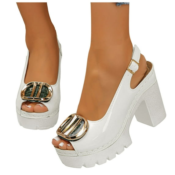 Dakaela Women's Open Toe Slingback Pumps Leather Chunky High Heel Sandals Platform Dating Party Wedding Dress Sandals Shoes White 9.5