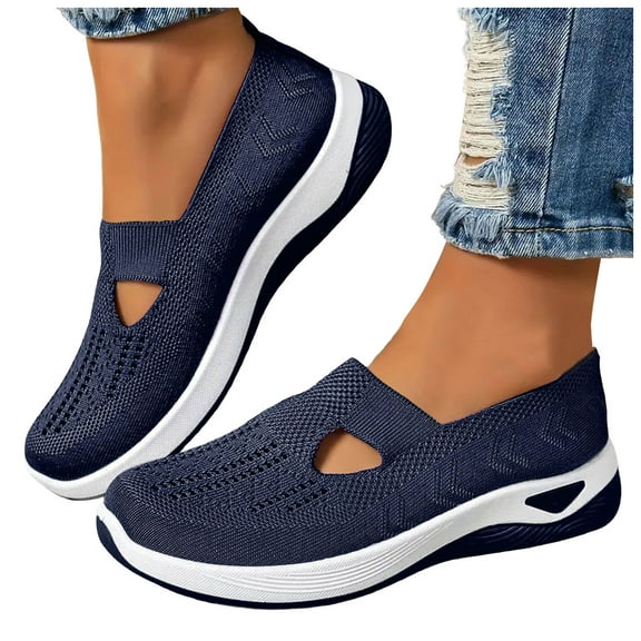 Dakaela Women's Orthopedic Walking Shoes Arch Support Slip on Sneakers Diabetes Foam Woven Knit Flats Shoes Blue 5.5