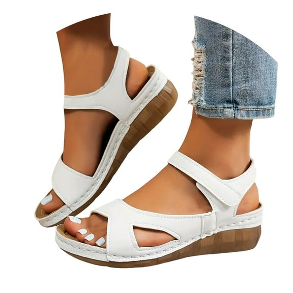 Dakaela Women's Orthopedic Wedge Sandals Leather Ankle Strap Summer Shoes Casual Walking Slip on Flats