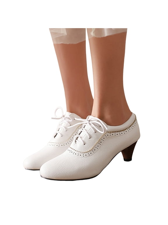 Women's Oxfords Chunky Block Heel Dress Wingtip Ankle Boots Vintage Lace up Brogues Booties White 5.5