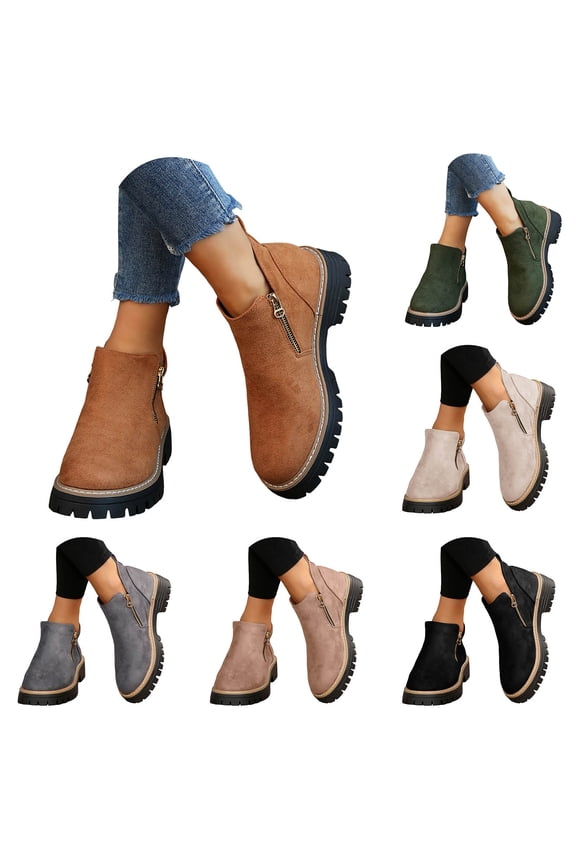 Women's Platform Chelsea Boots Chunky Low Heel Ankle Booties Side Zipper Slip on Elastic Fall Dress Short Boots Beige 6